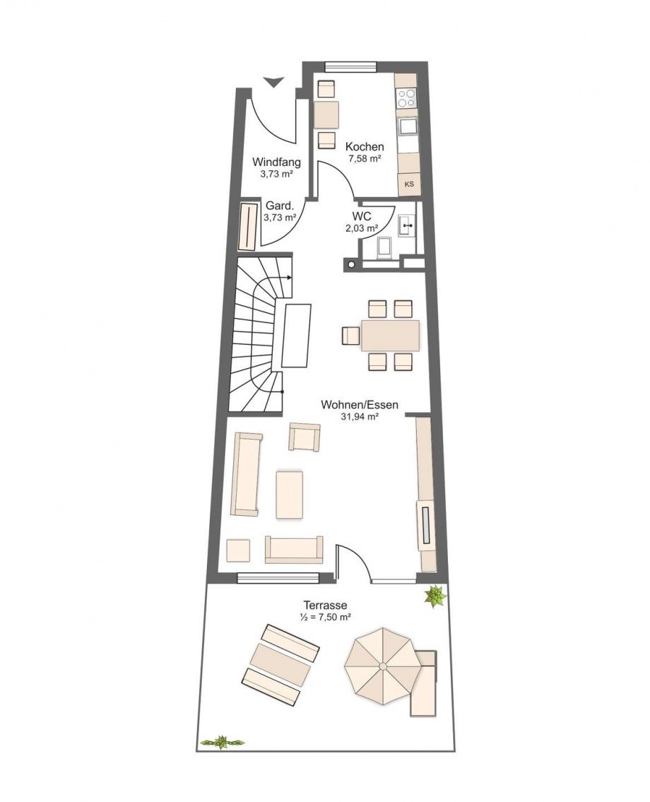Grundriss Erdgeschoss Reihenmittelhaus Neuried