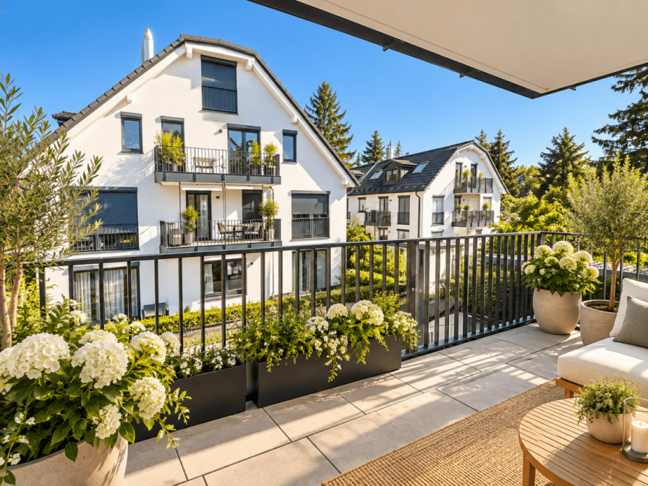 sonnige Balkon-Oase mit wei�en Hortensien Etagenwohnung M�nchen