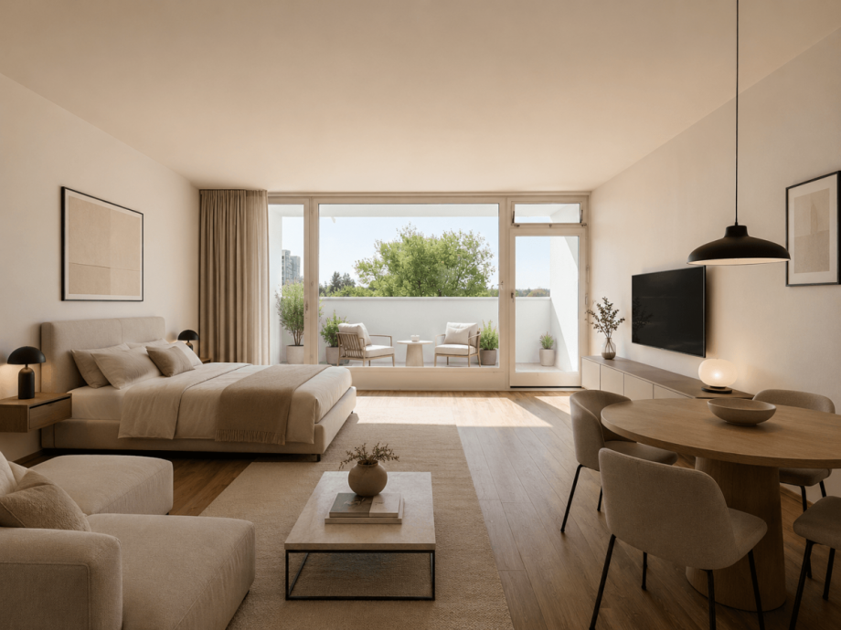 Beispiel Visualisierung Wohn-/Schlafbereich Etagenwohnung M�nchen